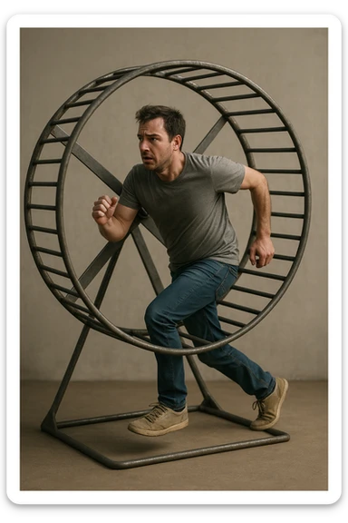 uomo che corre dentro la ruota del criceto come un circolo vizioso immagine realistica sticker