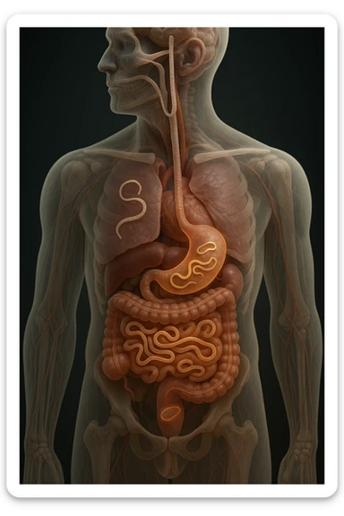 Vertical, hyper-realistic 3D cutaway illustration: the human body is shown in semi-transparent layers, exposing various types of parasites (tapeworms, roundworms, protozoa) inside the digestive tract and other organs. The parasites are rendered in vivid detail, with realistic lighting and shadows. Key areas of infection are highlighted sticker