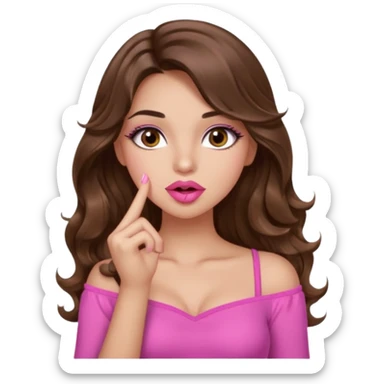 girl with long wavy brown hair, brown eyes, light to medium complexion, in a pink sexy top, pink lips, long lashes, shushing sticker