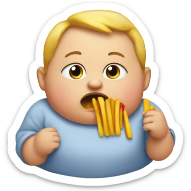 a fat baby eating a french fry with a disgusted face sticker