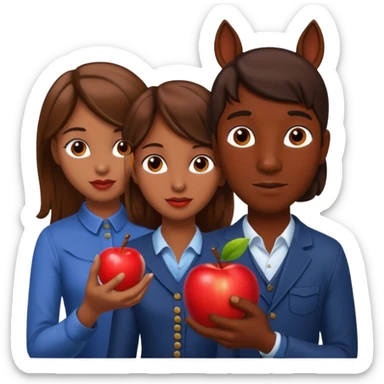 a dark skinned boy and a brown haired girl giving an apple to a horse sticker