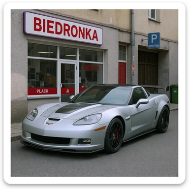 Photo of a Corvette Z06 silver parked next to polish shop "biedronka" sticker