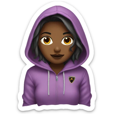 A girl with a hoodie with a Lamborghini on  the hoodie  sticker
