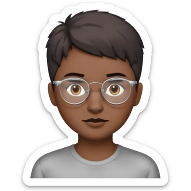 personagem com Wolf cut curto, cabelo castanho escuro, olho castanho escuro, sombrancelha castanho escuro, óculos sem aro prata. sticker