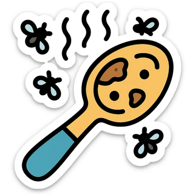 Add flies buzzing around the filthy, stained spoon emitting visible stink lines. Focus on used and unclean appearance in icon style. Preserve transparent background. sticker