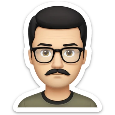 Caucasian man with medium-length, combed-back black hair, dark thick eyebrows, square black glasses, light olive skin, short full beard with mustache, wearing a black crew neck shirt. Neutral to serious expression with slightly pursed lips and focused eyes sticker