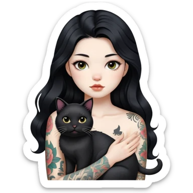 a Chinese girl with long black  Big Wave hair and tattoos and a black round faced cat sticker