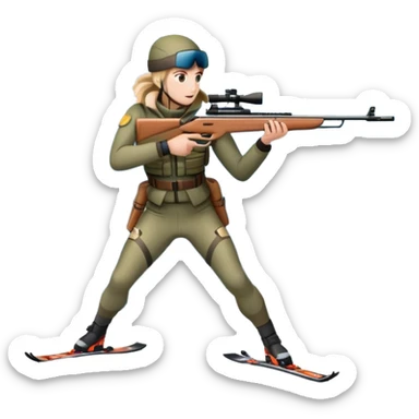An icon showing a snowy landscape with pine trees, mountains, and a clear sky with a biathlete aiming a rifle in the foreground, wearing winter gear and skis. Transparent background emphasizes the precision, endurance, and beauty of this winter sport. sticker