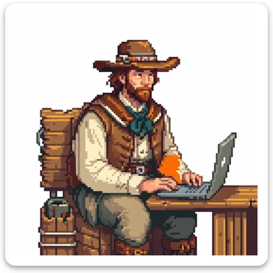 Pioneer settler in old frontier clothing sitting at a modern laptop computer sticker