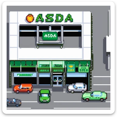 Isometric view of an ASDA supermarket building with green signage, large glass entrance, shopping trolleys bay, and car park with British cars sticker