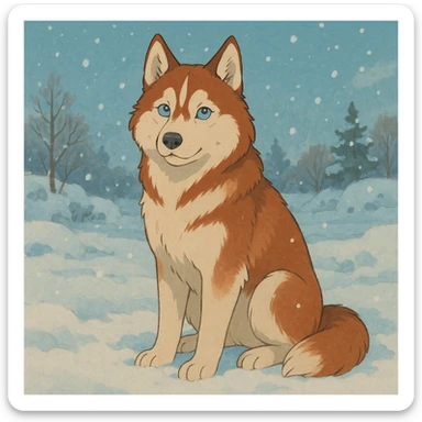 red siberian husky with blue eyes sitting in the snow sticker