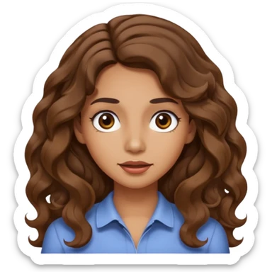 She has long, brown hair styled in soft wavy curls with a middle part. She has well-shaped eyebrows and dark brown eyes. She is wearing light makeup that highlights her natural beauty and is offering a slight smile to the camera. She is surprise sticker