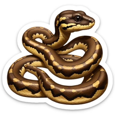 A photo-realistic digital illustration of a Ball Python, chest upward, with a short, rounded head, thick body, and a calm, curious expression. It has a warm brown base color with irregular dark blotches shaped like “alien heads,” and matte-textured scales that emphasize its small, stocky form. sticker