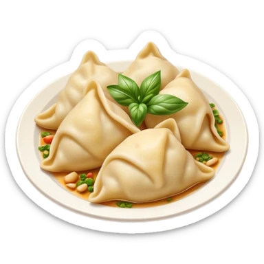 Cinematic Realistic Pierogi Dish Emoji, depicted as tender dumplings filled with savory ingredients rendered with lifelike textures and warm, inviting lighting. sticker