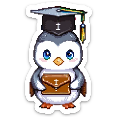 A cute penguin with beautiful eyes, very happy, wearing a graduation cap with the letter 'Ю' on it, holding a wallet. sticker