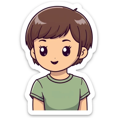 White girl with short wolfcut hairstyle, brown eyes, straight hair, wearing a sage green top sticker