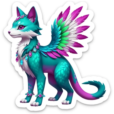 Kawaii cute colorful iridescent deep-dark-turquoise-green and magenta and white beautiful pretty elegant divine edgy feline-vernid-sergal-Fakémon-Pokémon-fursona-animal-creature with accessories, jewelries, full body, with intricate detailed markings, feathers, crystals sticker