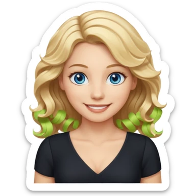 woman with blond wavy hair, tight black dress with a white line at the top, blue eyes, smiling sticker