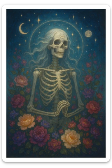 goddess skeleton, mystical, surrounded by flowers, delicate bones, celestial elements sticker
