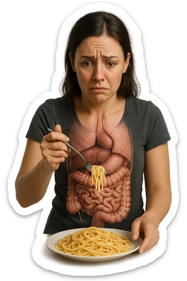 donna con  espressione ansiosa mentre mangia un piatto di pasta affamata, intestino anatomico visibile, iperrealistiche 4k sticker