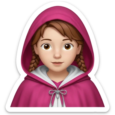 a 12 year old girl with fair skin, freckles, and brown hair done in French braids that come down to her breasts. she has a red hooded cape with the hood drawn. she has big, brown eyes and normal eyebrows. she has a pretty white t-shirt under her cloak. she has a warming smile with pale pink lips sticker