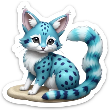 Hyper realistic  galaxy-swirl indigo-teal fur scattered with star-salt sparkle grains beautiful elegant pretty precious cute  Fakémon-Pokémon-opossum-feline-serval-caracal-chinchilla-Furret-Minccino-hybrid-creature with a big fluffy bushy tail (full body) sticker