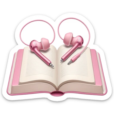  pink Pink Apple-style earbuds lying on an open book, soft pastel tones, cozy and minimal aesthetic, realistic lighting and shadows, top-down view, transparent background" sticker