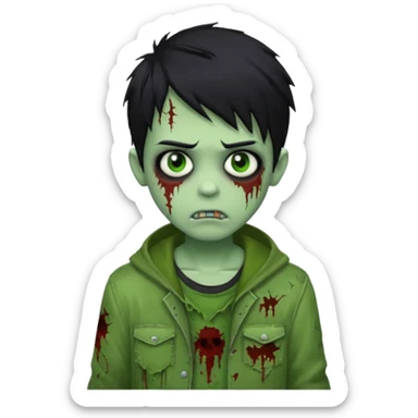 boy zombie with black hair, emo style, green skin, tattered clothes sticker