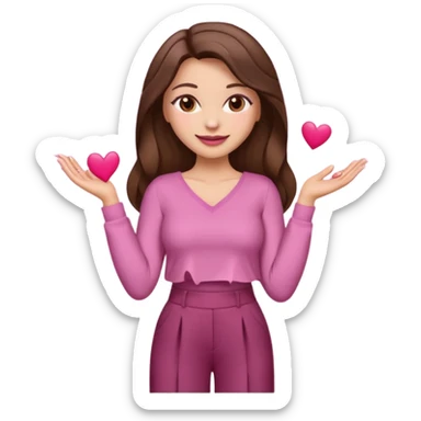  emoji, inspired with brunette hair, brown eyes, long hair, heart shape lips and pink make up  and pink nails, mauve pink blush and brown wide leg pants, burgundy shoulder drop shirt, brown heels , princess hair, brown heels  sticker