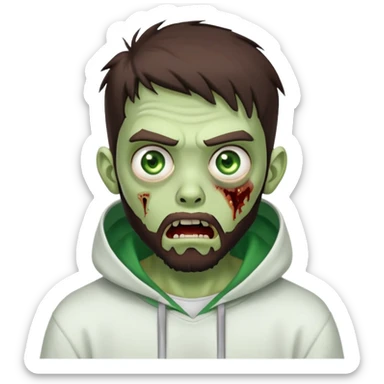 zombie with shocked expression, undercut hairstyle with dark brown hair, short full beard, intense green eyes, wearing plain white hoodie sticker