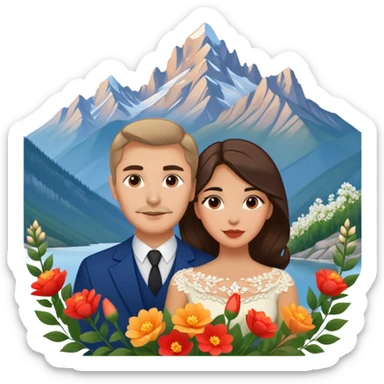 Couple traveling in Montenegro russian man and elegant  Latina girl delicate flowers and mountains in the background  sticker