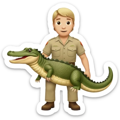 Cinematic Realistic Steve Irwin Portrait Emoji, in his signature khaki attire, holding a crocodile or giving an excited thumbs-up. The scene is lit with vibrant, natural sunlight, emphasizing his adventurous spirit and deep connection to nature. sticker