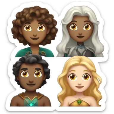 A female witch with light brown hair, a blonde female wizard, an Indian male merman, a female fairy with dark brown hair, shorter than the others, and a female siren with curly brown hair. sticker