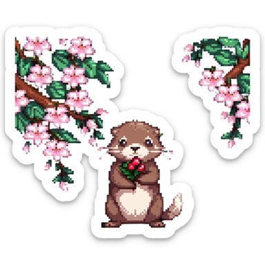 cute otter holding a cherry blossom flower sticker