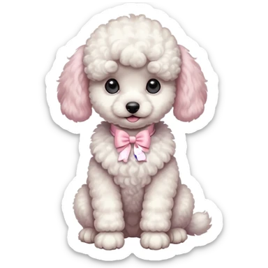 white poodle puppy full body sitting with pastel pink bow collar  sticker