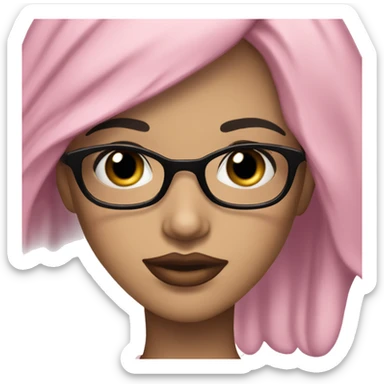 girl short black wavy hair, small nose, slanted eyes, thin eyebrows, thin round black glasses, pink pompous lips sticker