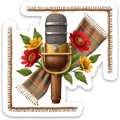 Create a traditional and warm emoji representing folk singing, using a humanless collage. The design should feature a rustic wooden microphone or an old-fashioned folk instrument like a balalaika, gusli, or a domra, placed alongside traditional elements such as a hand-woven scarf or a wooden flute. Include natural, earthy details like wildflowers, musical notes, and rustic textures, evoking the feeling of folk music in its purest form. Use warm, earthy colors like brown, gold, red, and green to create a cozy and organic vibe. The background should be transparent. sticker