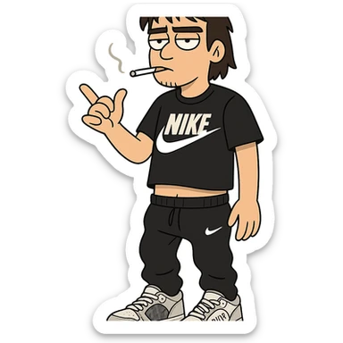 chico moreno cartoon with eyebrow-length bangs, wearing a black Nike t-shirt, black Nike pants lowered, white Dior sneakers, urban flow sticker