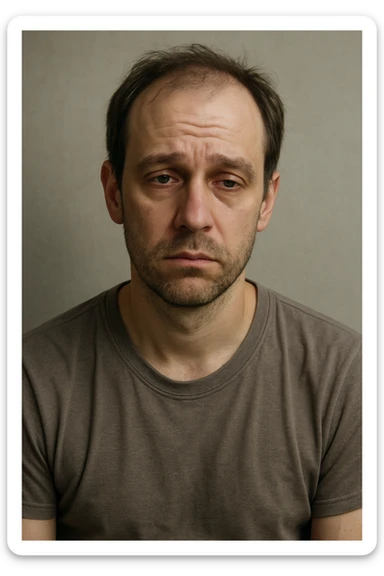 Un uomo caucasico di 35-45 anni, in CGI fotorealistico, che mostra i segni fisici ed emotivi di un basso livello di testosterone. sticker