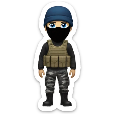 White male, call of duty black mask, camo tactical gear, camo pants, combat boots, black beanie, blue eyes sticker