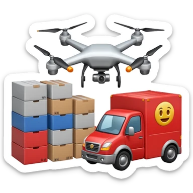 create a realistic emoji showing logistics in different ways. Maybe a car, a storage room, a place where everything is stored, drones and so on sticker
