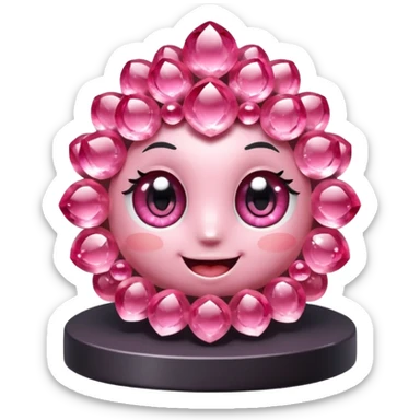 A single cute pink crystal cluster character, chunky round base with many tall rose-pink crystal quartz cluster imperfect, on the front of the base a kawaii face with big shiny eyes and a happy open smile very shiny sticker