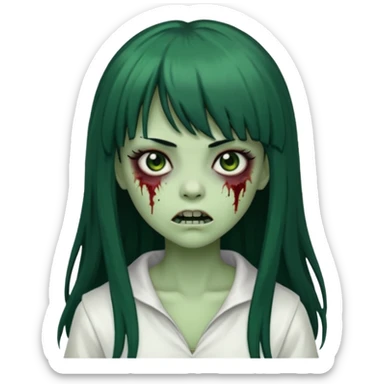 uma garota zumbi assustadora da pele verde e com cabelo preto longo com franja e a roupa branca sticker