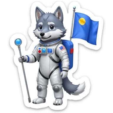 a wolf in space suit, holding blue rectangle flag, full body sticker
