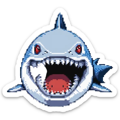 shark with big white teeth shown prominently in a menacing face-on view sticker