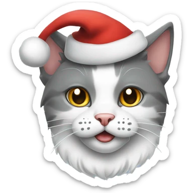 Gray and white cat with a Santa Claus hat sticker