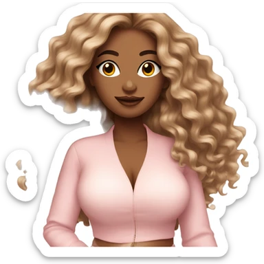 beauty influencer with long textured hair, curvaceous body and light pink clothing sticker
