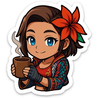 Azucena from Tekken 8 in chibi sticker style, holding a steaming mug, cozy expression, wearing the detailed red and patterned outfit from the reference images, designed for Twitch emote use. sticker