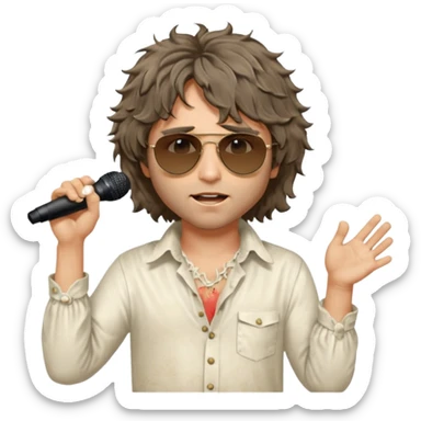 cinematic realistic - messy, shaggy aged Jim Morrison in an ivory Victorian shirt, singing in a trance on stage, wearing Ray Ban sunglasses sticker