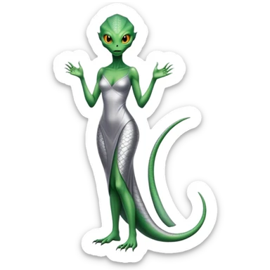 Green Alien reptilian woman without a tail, in silver dress, full figure, yellow eyes sticker